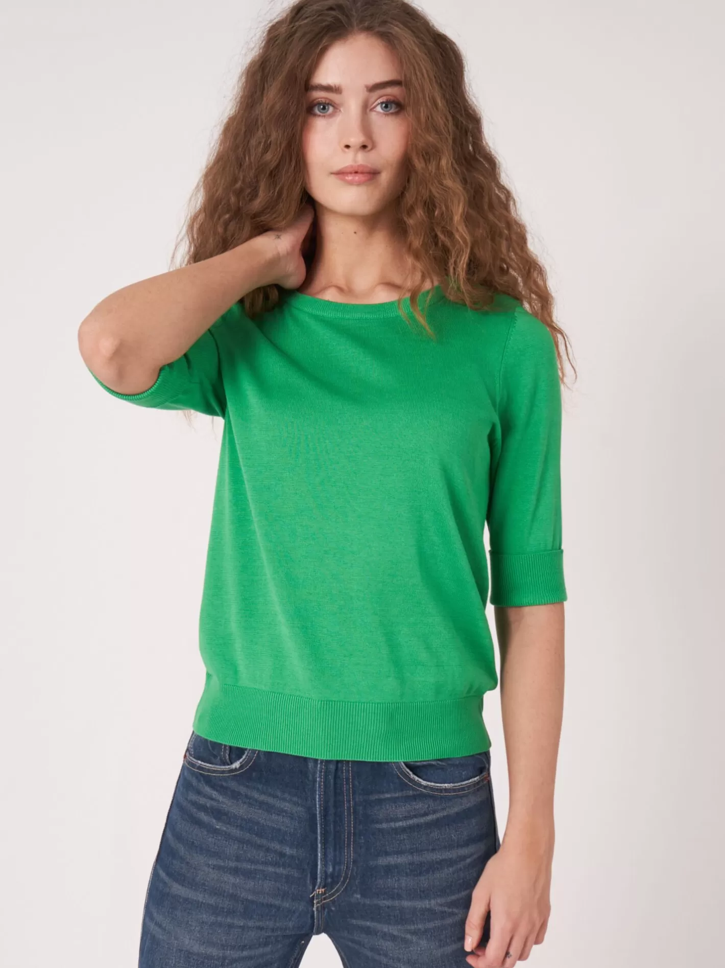 Sweaters<REPEAT cashmere Basic Fine Knit Short Sleeve Pullover In Organic Cotton Blend Green