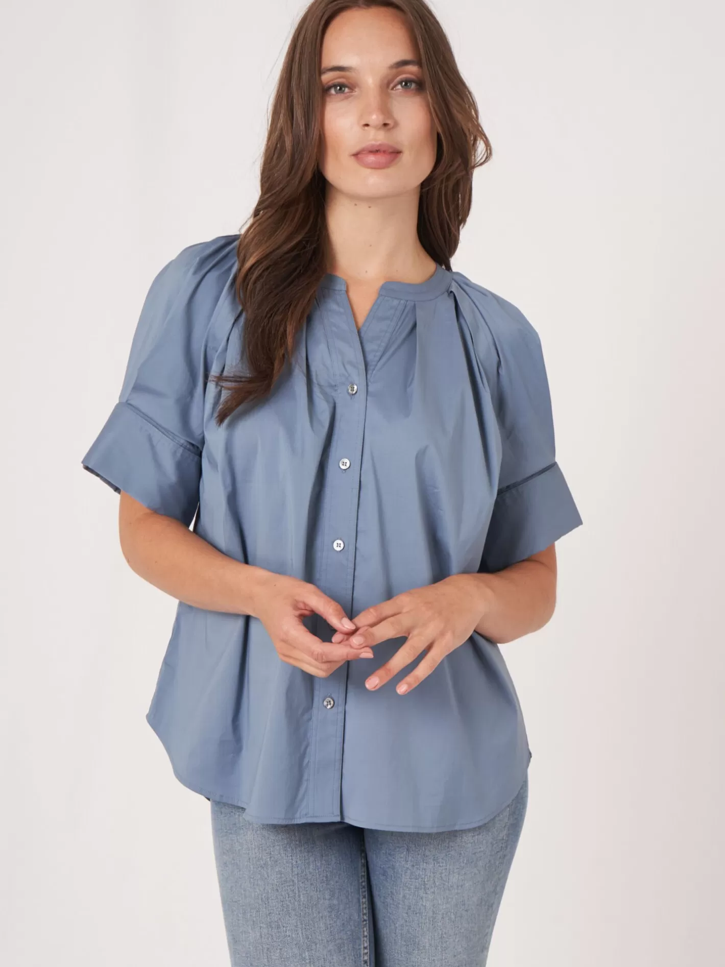Blouses<REPEAT cashmere Cotton Blend Blouse With Short Turn-Up Raglan Puff Sleeves Vintage Blue