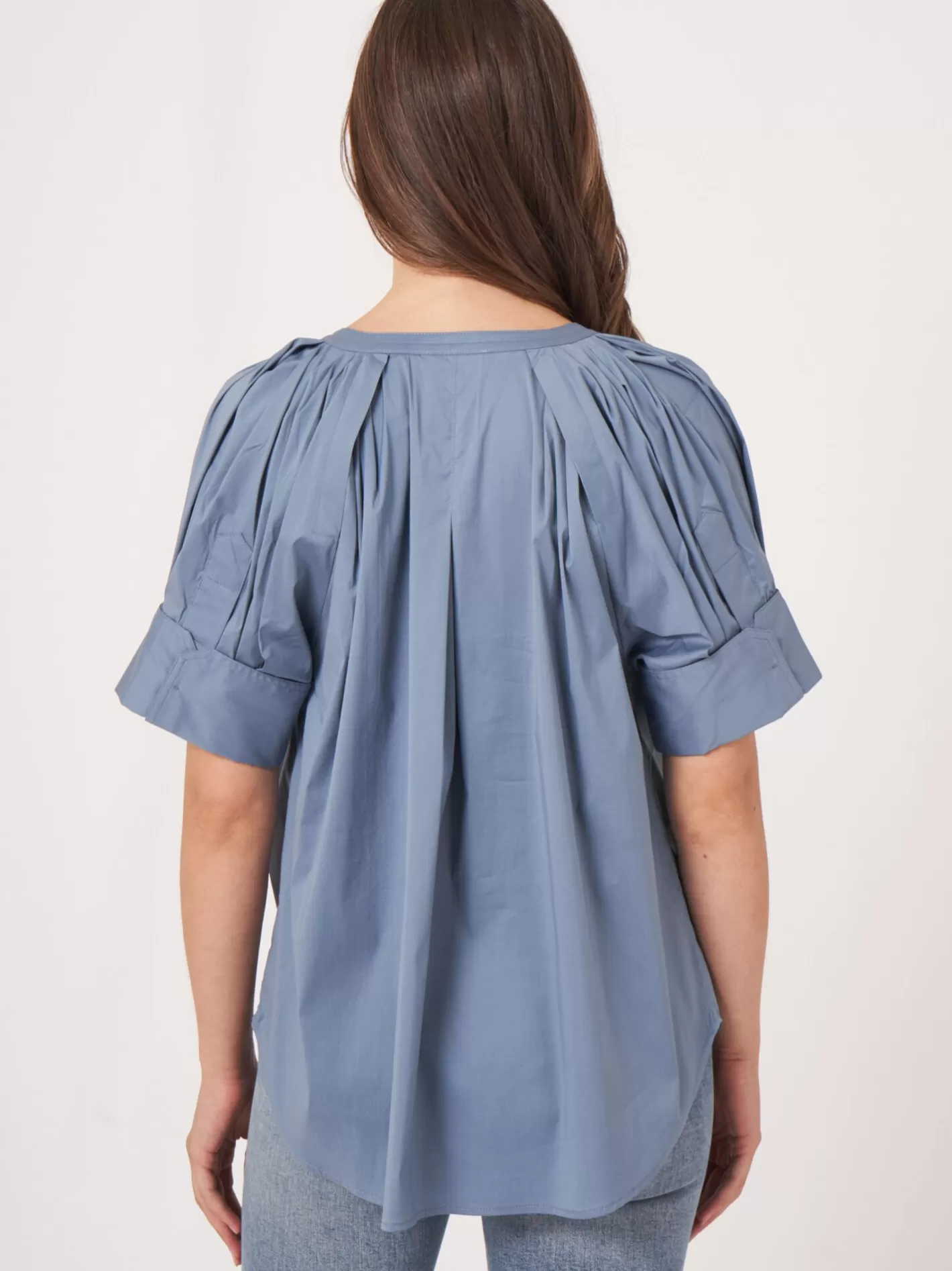 Blouses<REPEAT cashmere Cotton Blend Blouse With Short Turn-Up Raglan Puff Sleeves Vintage Blue