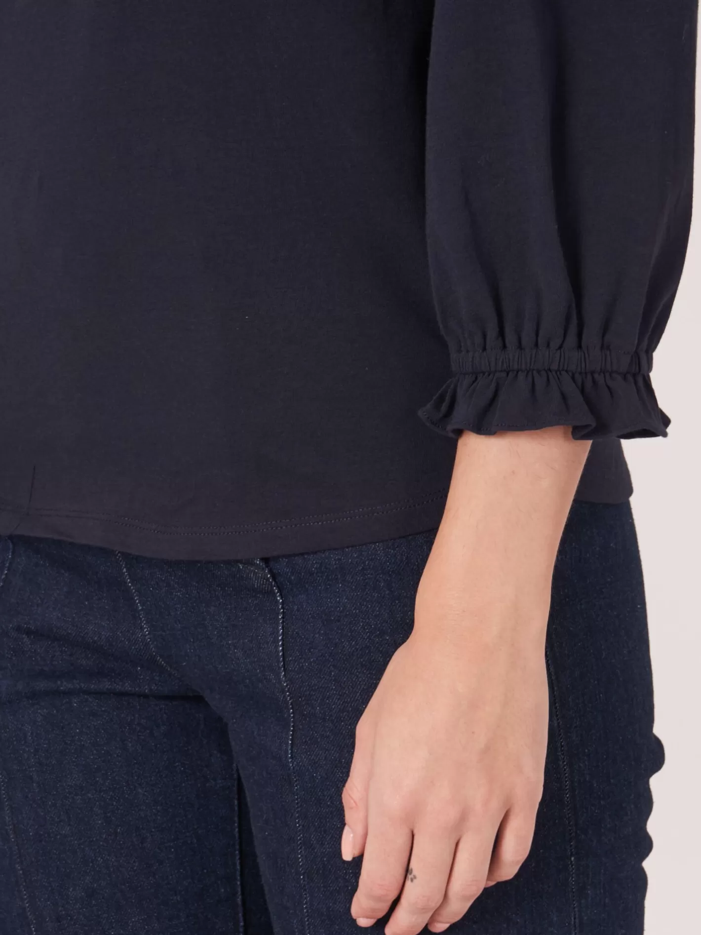 Tops<REPEAT cashmere Cotton Stretch T-Shirt With 3/4 Sleeves With Elastic Cuff And Ruffle Navy