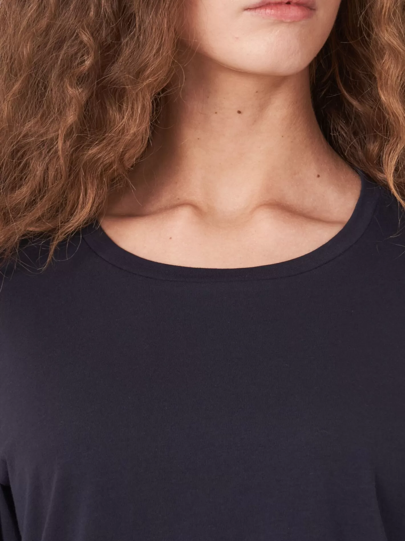 Tops<REPEAT cashmere Cotton Stretch T-Shirt With 3/4 Sleeves With Elastic Cuff And Ruffle Navy