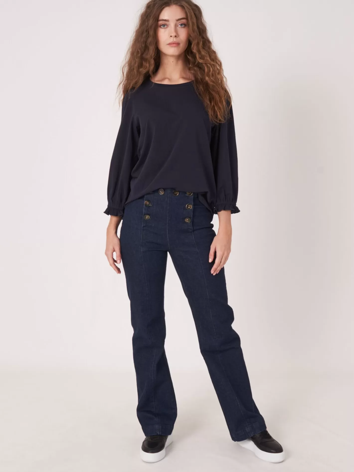 Tops<REPEAT cashmere Cotton Stretch T-Shirt With 3/4 Sleeves With Elastic Cuff And Ruffle Navy