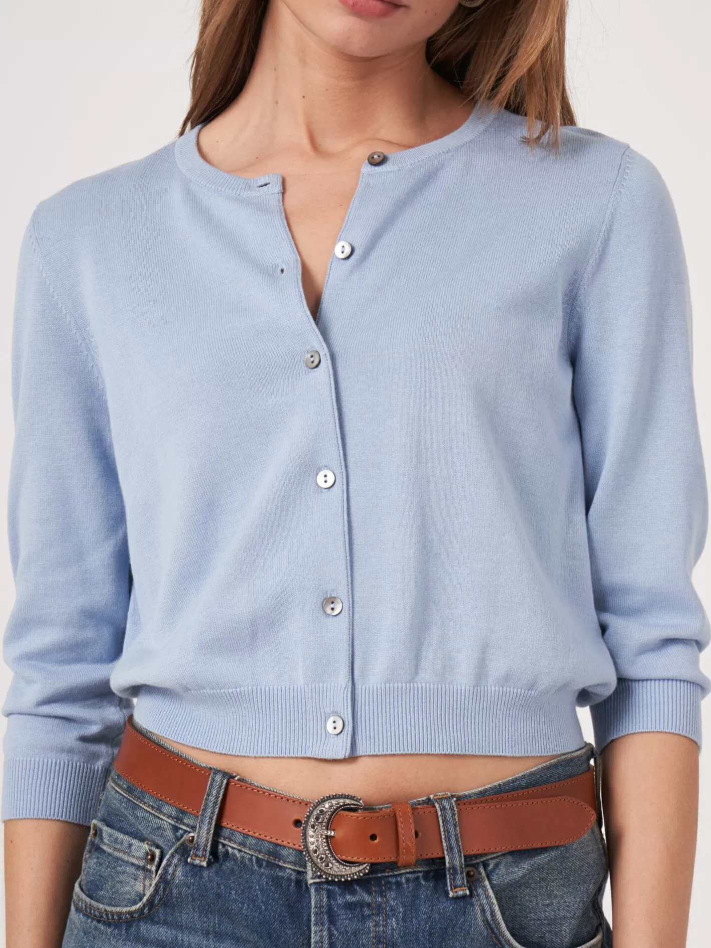 Cardigans<REPEAT cashmere Cropped Cardigan With Crew Neck In Organic Cotton Blend Lt Blue