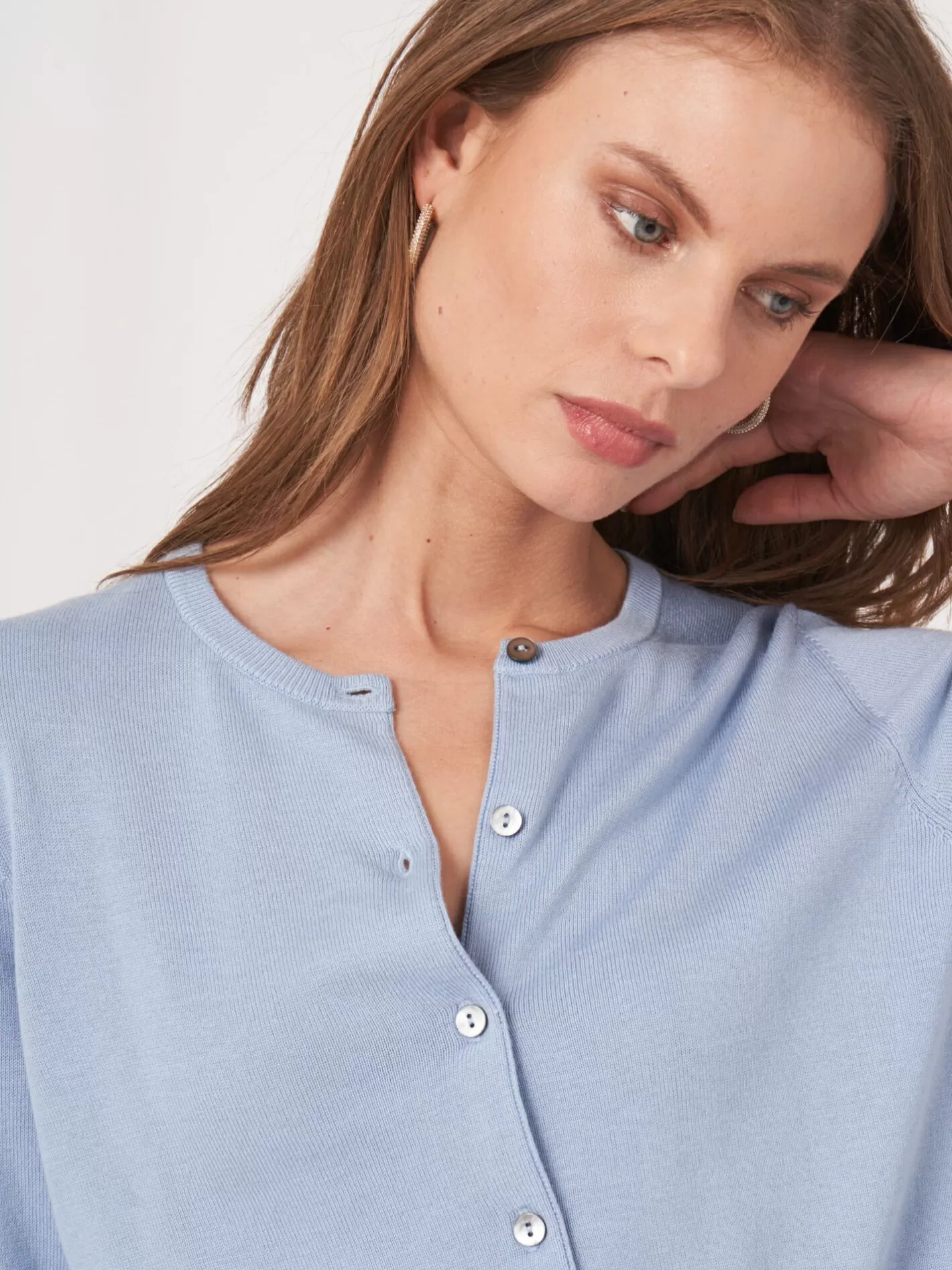 Cardigans<REPEAT cashmere Cropped Cardigan With Crew Neck In Organic Cotton Blend Lt Blue