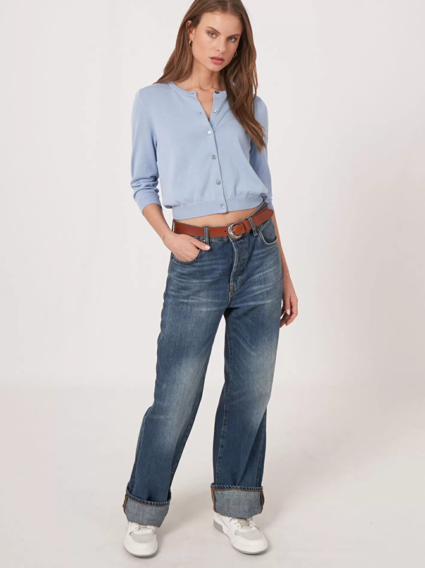Cardigans<REPEAT cashmere Cropped Cardigan With Crew Neck In Organic Cotton Blend Lt Blue