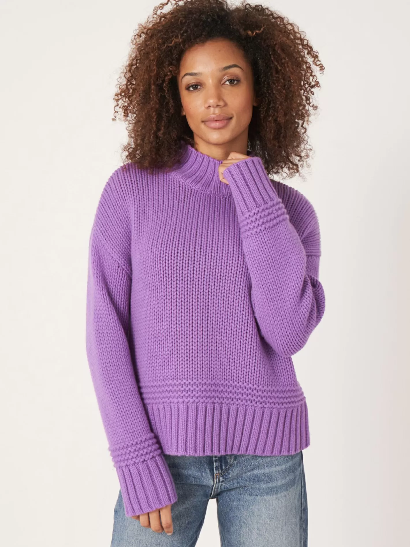 Sweaters<REPEAT cashmere Stand Collar Sweater With Ribbed Hem With Fancy Knit Details Lilac