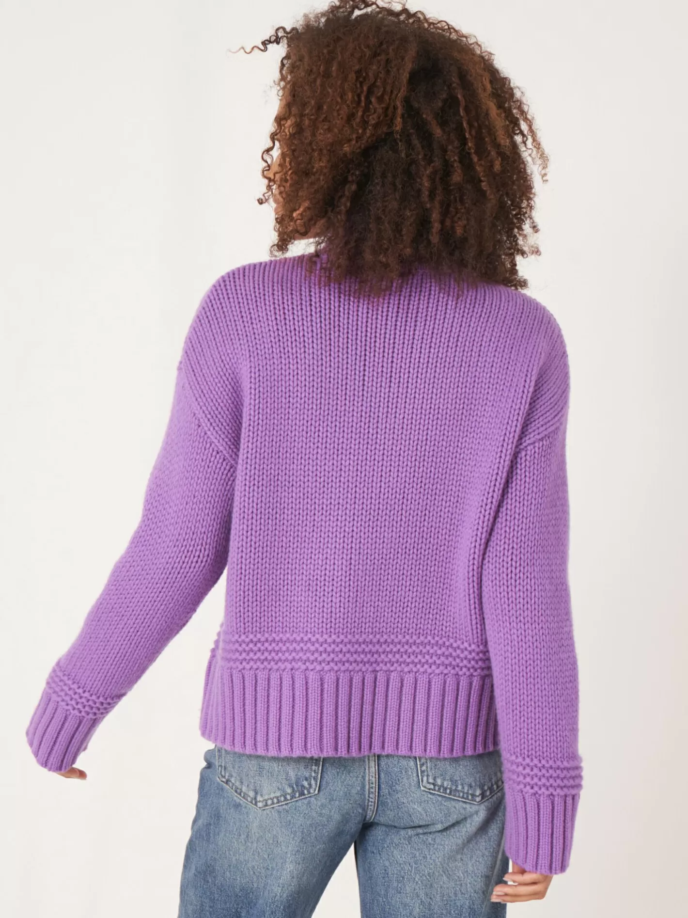 Sweaters<REPEAT cashmere Stand Collar Sweater With Ribbed Hem With Fancy Knit Details Lilac