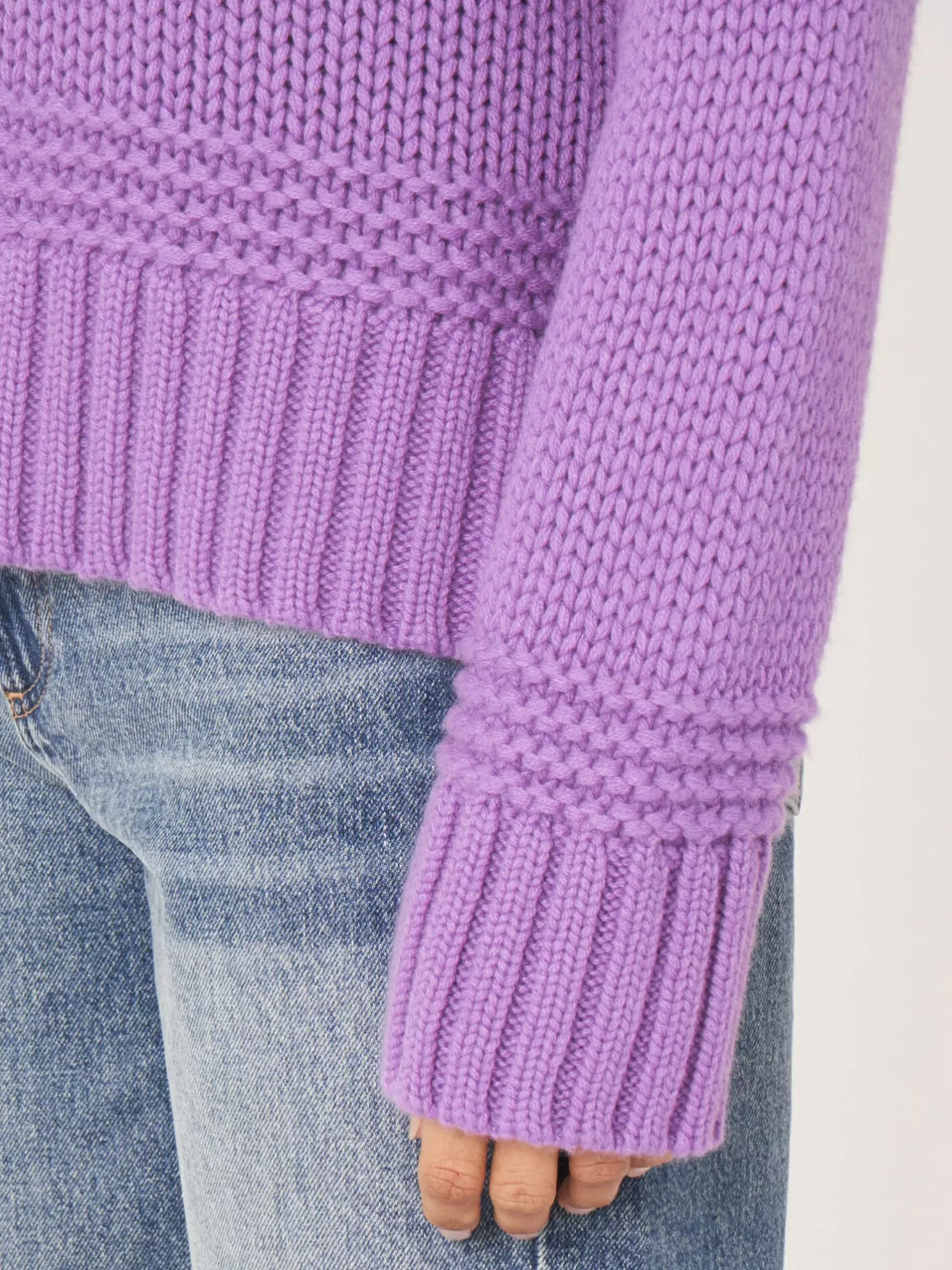 Sweaters<REPEAT cashmere Stand Collar Sweater With Ribbed Hem With Fancy Knit Details Lilac