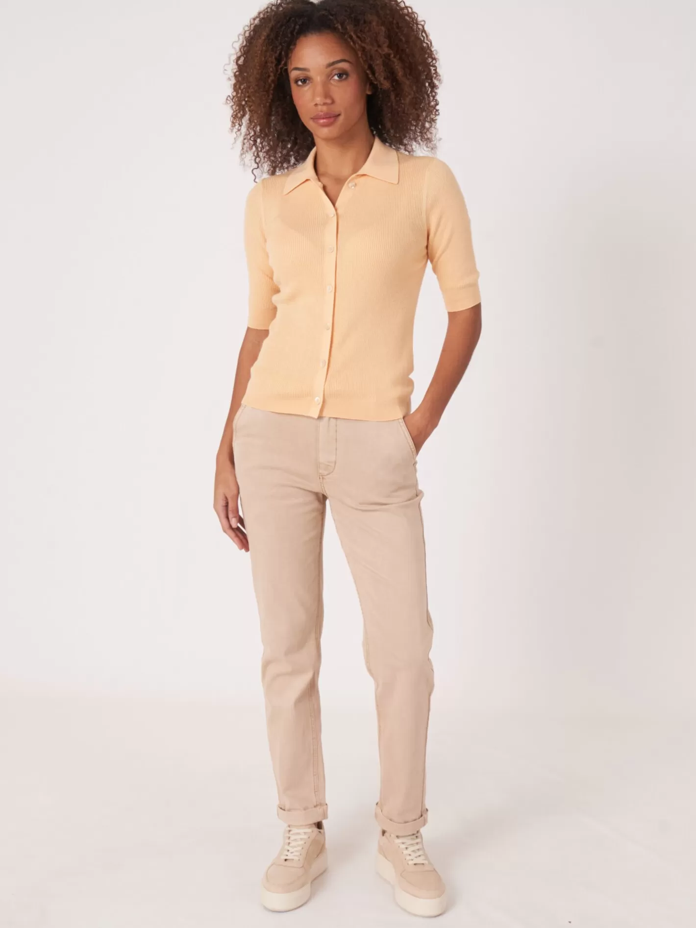 Cardigans<REPEAT cashmere Super Fine Rib Knit Polo Neck Cardigan With Short Sleeves Glow